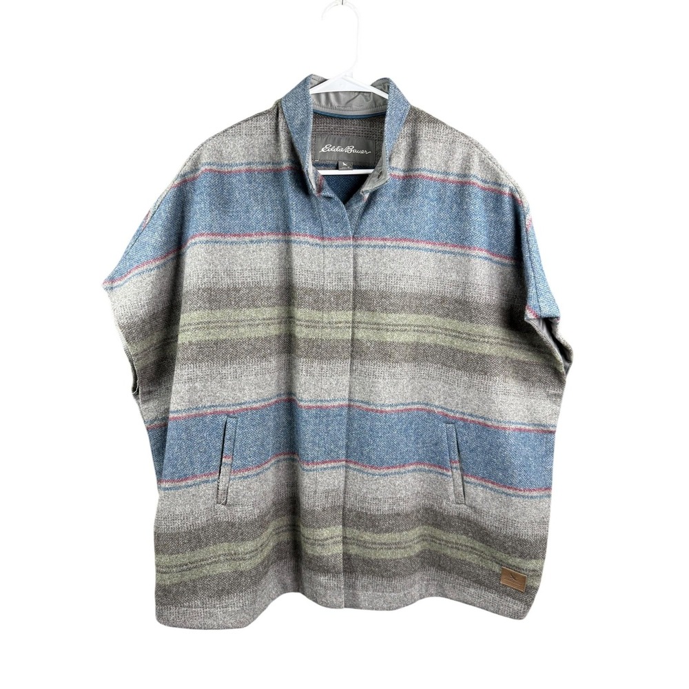 Eddie Bauer Poncho Womens Medium Gray Wool Blend Striped Cape Jacket Coat